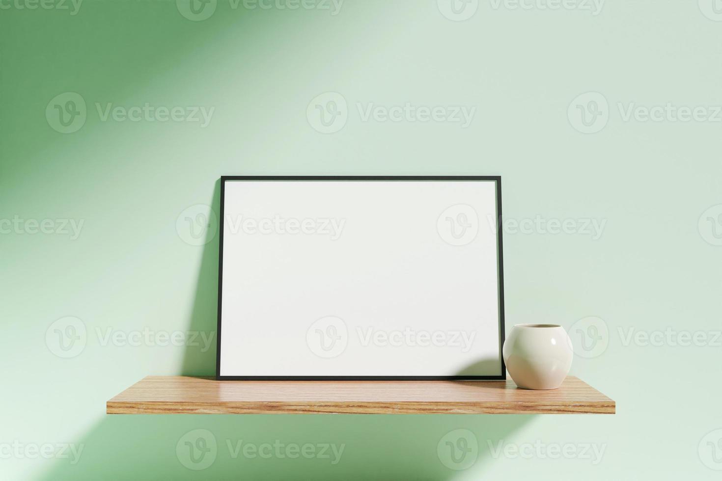 Minimalist horizontal black poster or photo frame mockup with vase on a wooden shelf