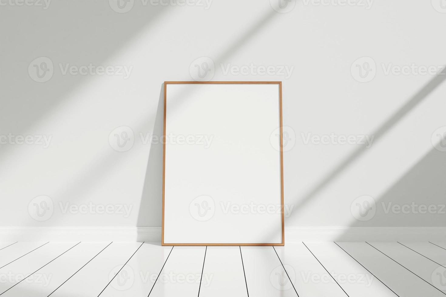 Minimalist and clean vertical wooden poster or photo frame mockup on the floor leaning against the room wall with shadow