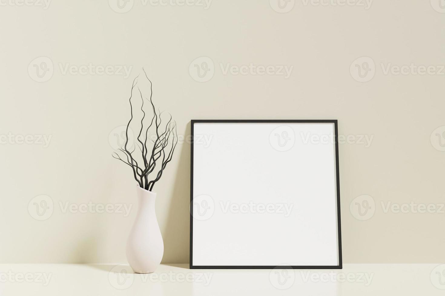 Minimalist and clean square black poster or photo frame mockup on the floor leaning against the room wall with vase