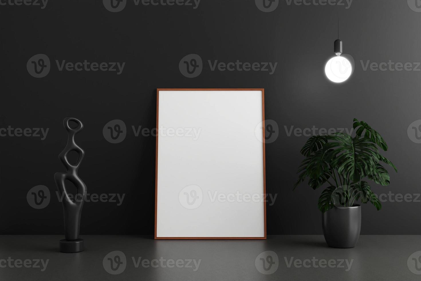 Minimalist and clean vertical wooden poster or photo frame mockup on the floor leaning against the dark room wall with pots and decoration