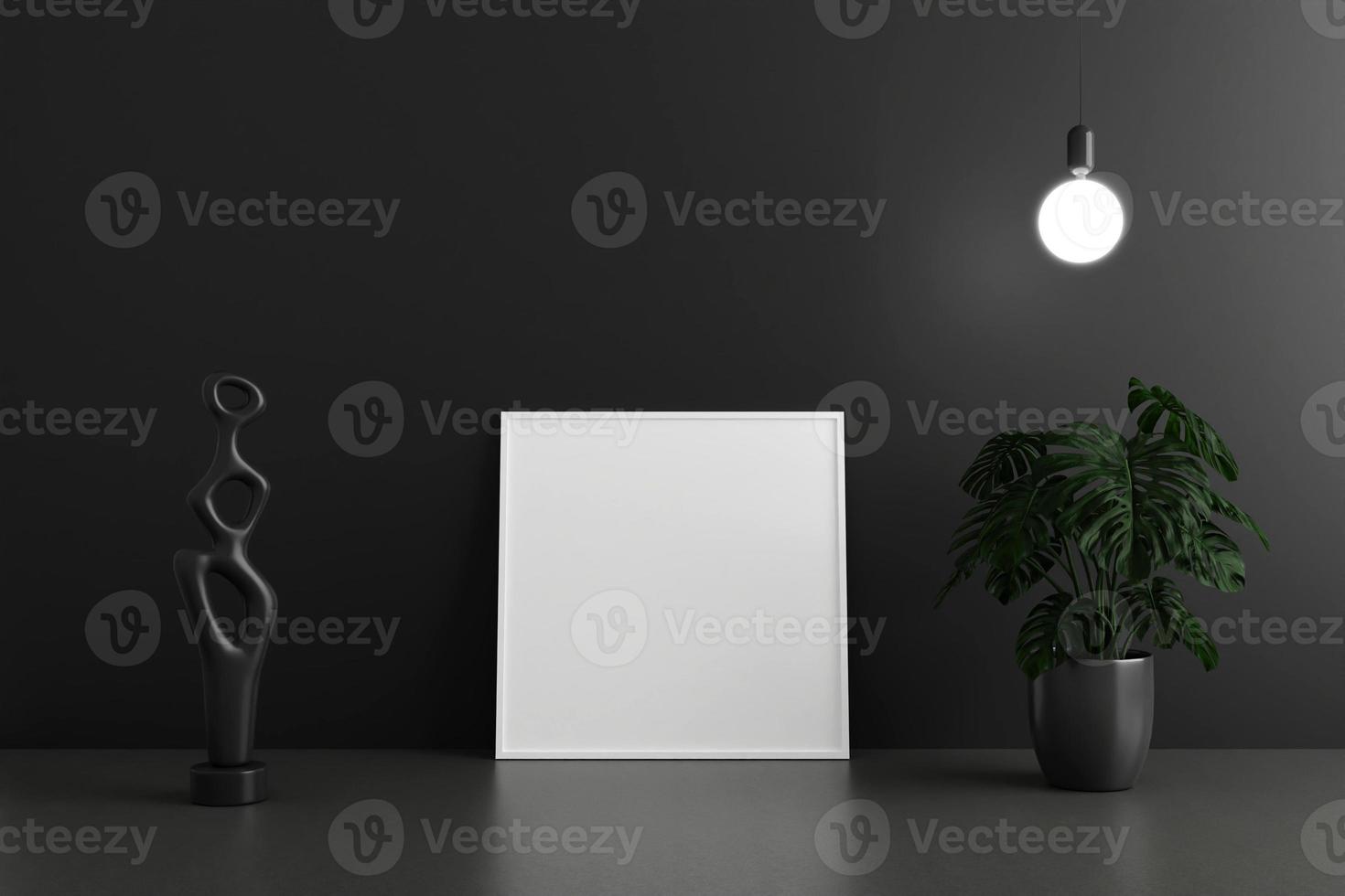 Minimalist and clean square white poster or photo frame mockup on the floor leaning against the dark room wall with pots and decoration