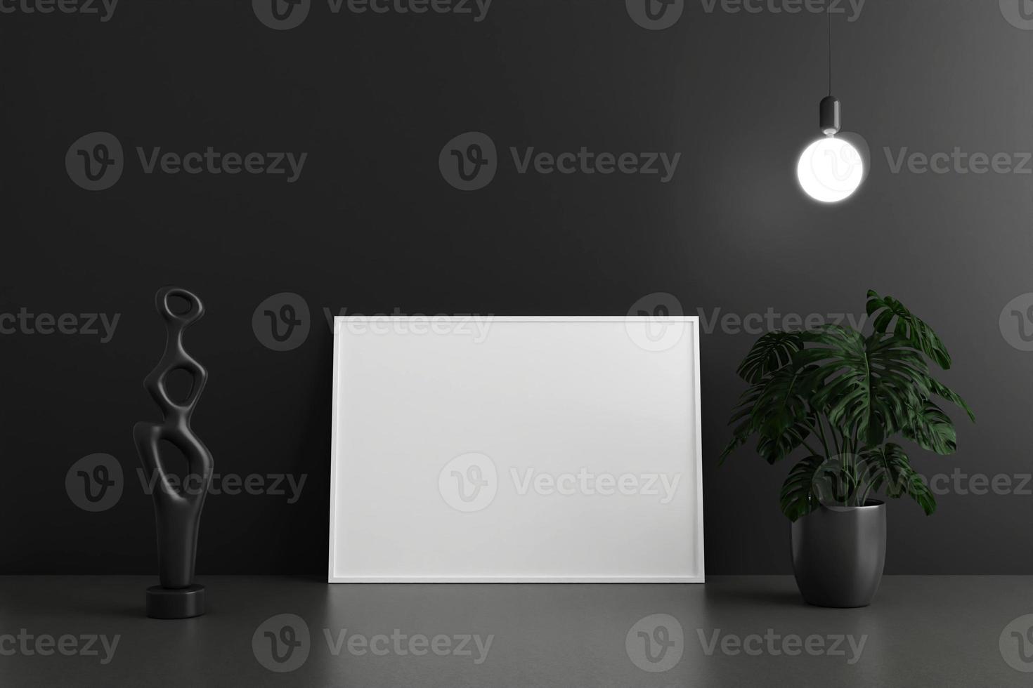 Minimalist and clean horizontal white poster or photo frame mockup on the floor leaning against the dark room wall with pots and decoration