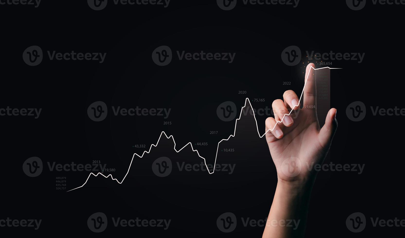 businessman hand pointing to success in growth graph metaverse technology financial business chart financial chart technology investment in stock market background analysis digital economy exchange photo