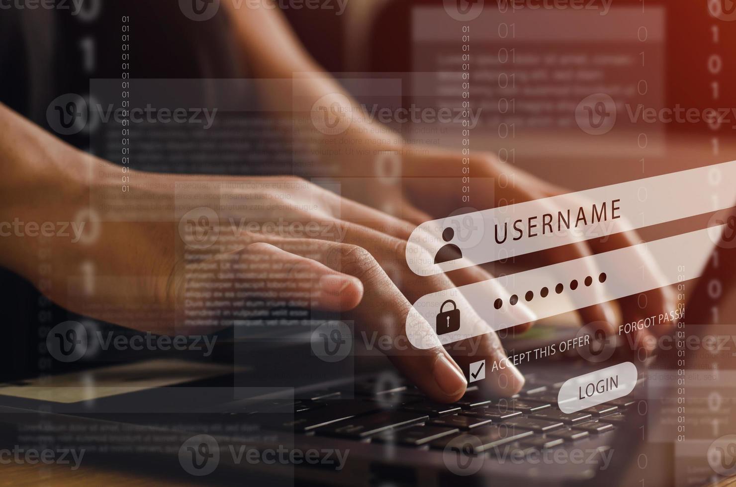 The programmer is logging in and encrypting it for security. with cybersecurity technology, website design and social security cyber concept photo