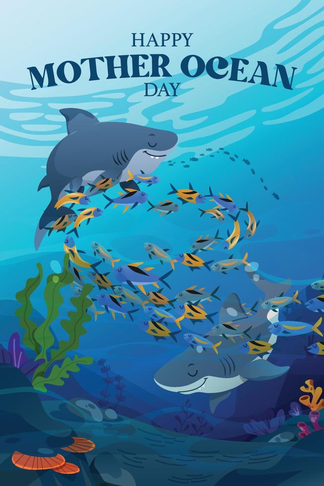 Two Sharks Swimming In The Deep Sea With A Group Of Fish vector