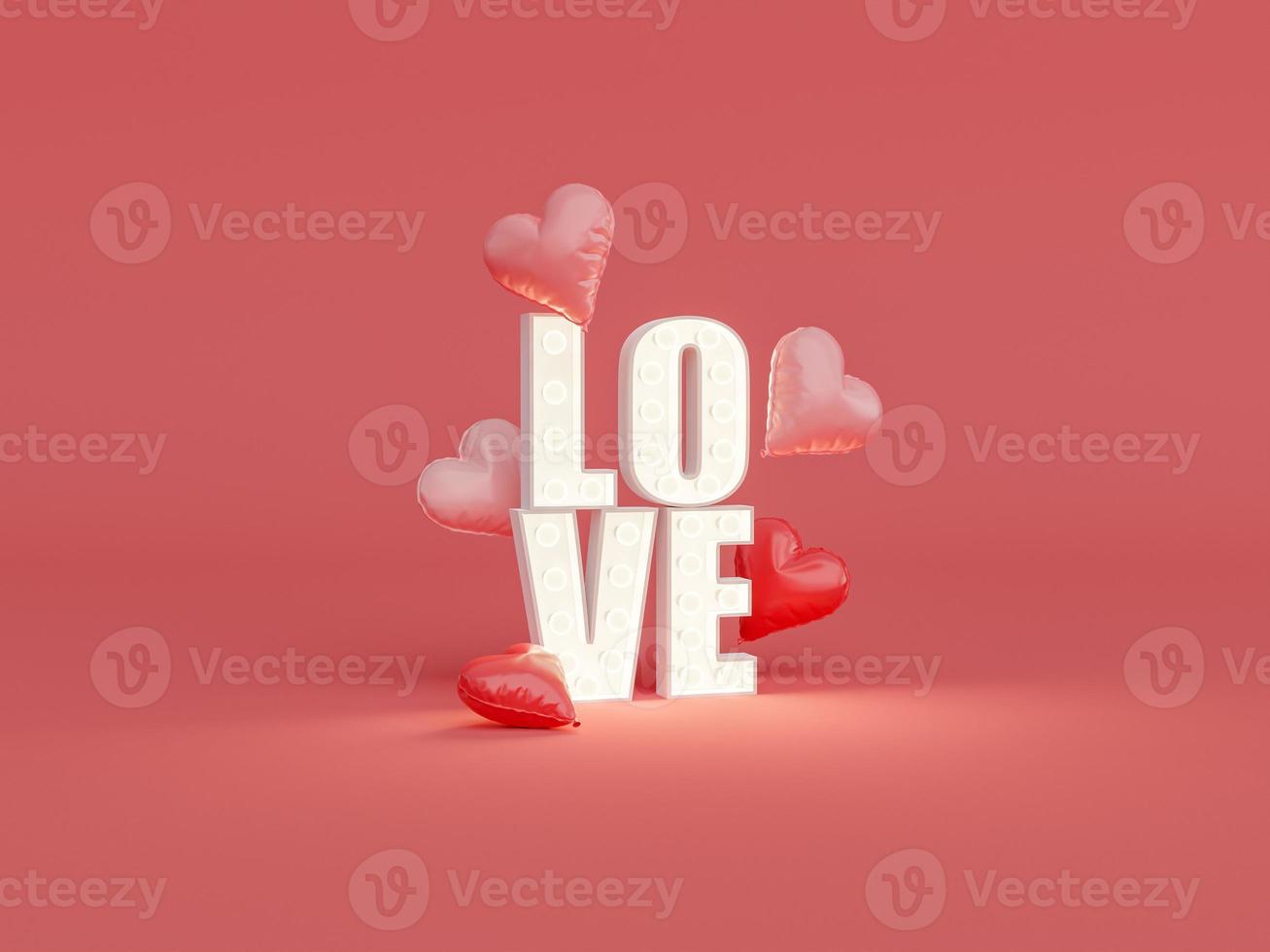 luminous sign with the word LOVE and heart balloons photo