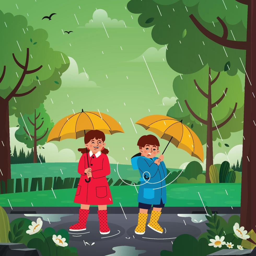 Children Under Umbrellas in Spring Shower vector