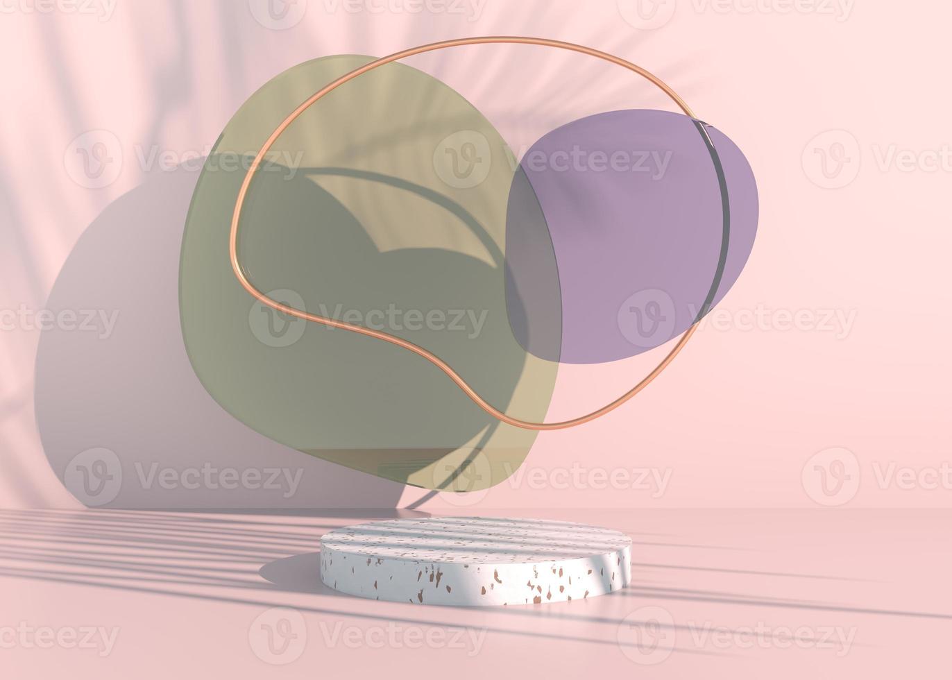 Boho podium with palm leaves shadows and pastel colors for cosmetic product presentation. Empty showcase pedestal backdrop mock up. 3d render. photo