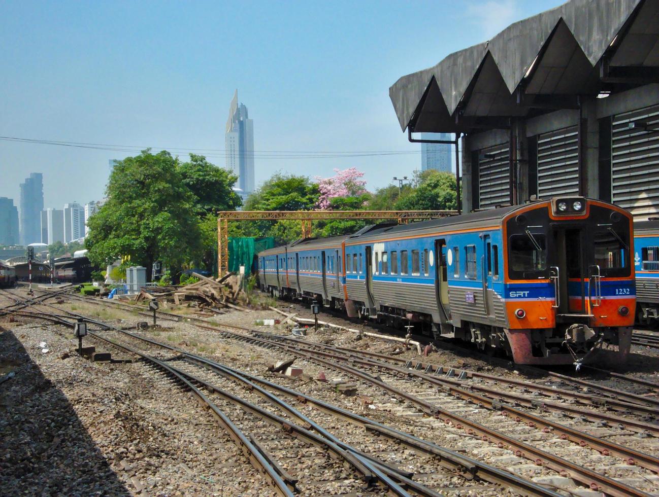 BANGKOK THAILAND08 APRIL 2019The locomotive and the Thai train are parked at the parking garage of the State Railway of Thailand at Hua Lamphong Railway Station. photo