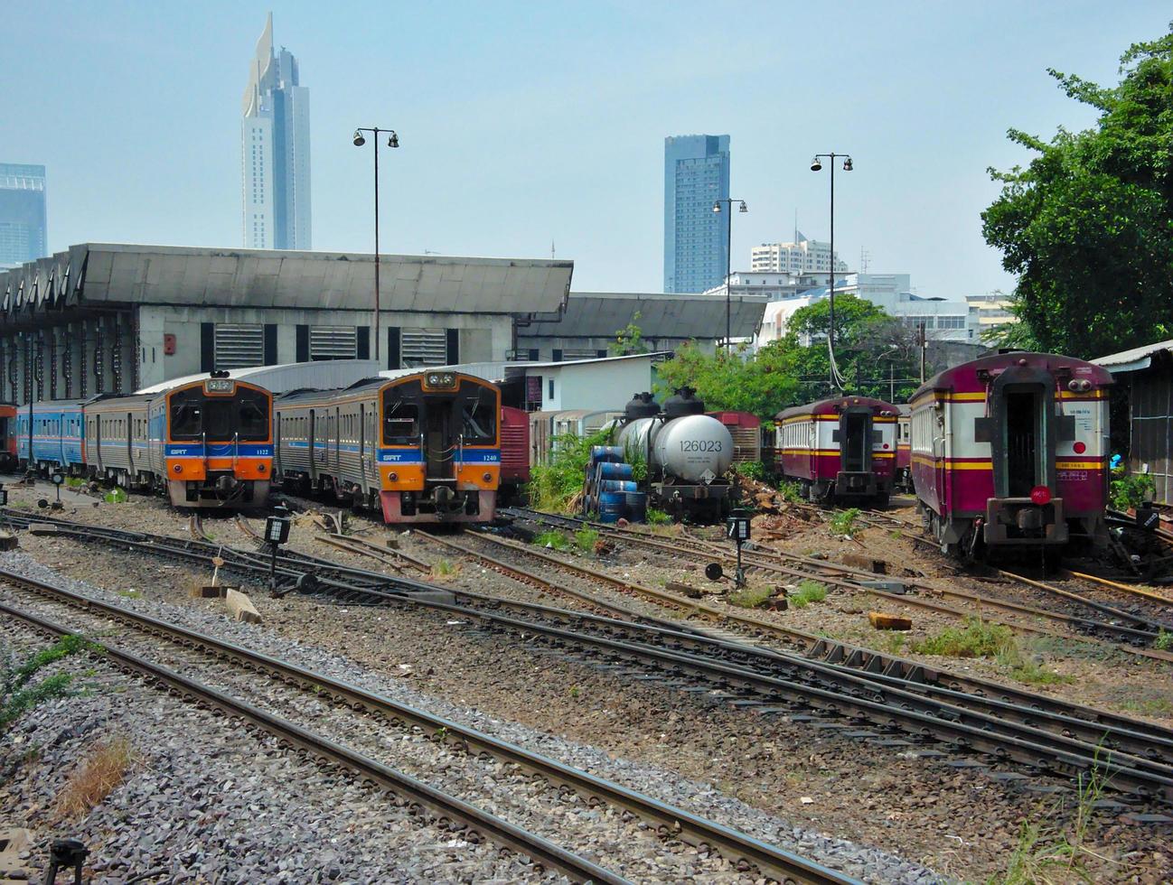 BANGKOK THAILAND08 APRIL 2019The locomotive and the Thai train are parked at the parking garage of the State Railway of Thailand at Hua Lamphong Railway Station. photo