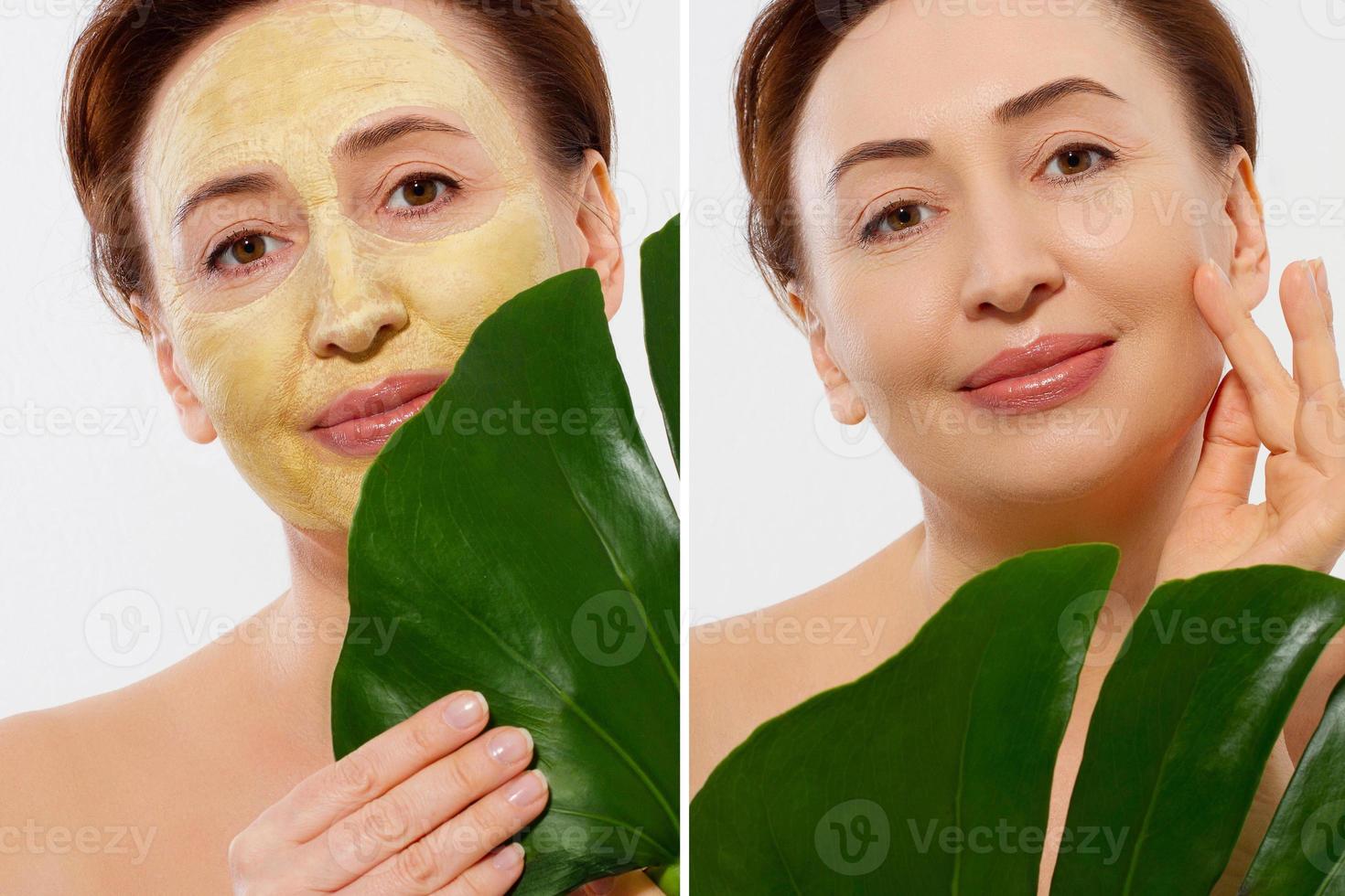 Middle age closeup woman face before after beauty mask treatment. Before-after wrinkled skin. Summer anti aging collagen mask on woman wrinkle face isolated. Mid aged facial skincare. Menopause period photo