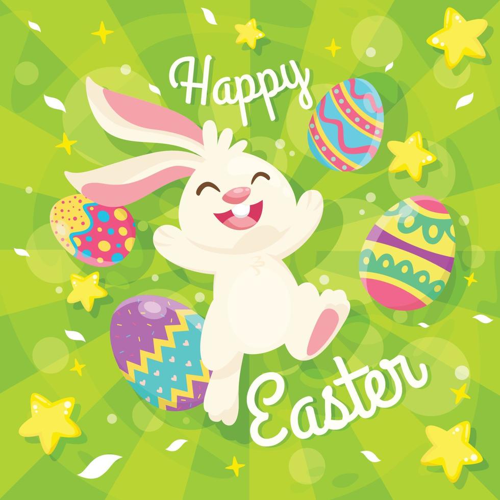 feliz pascua lindo conejo con huevo de pascua y tema verde vector
