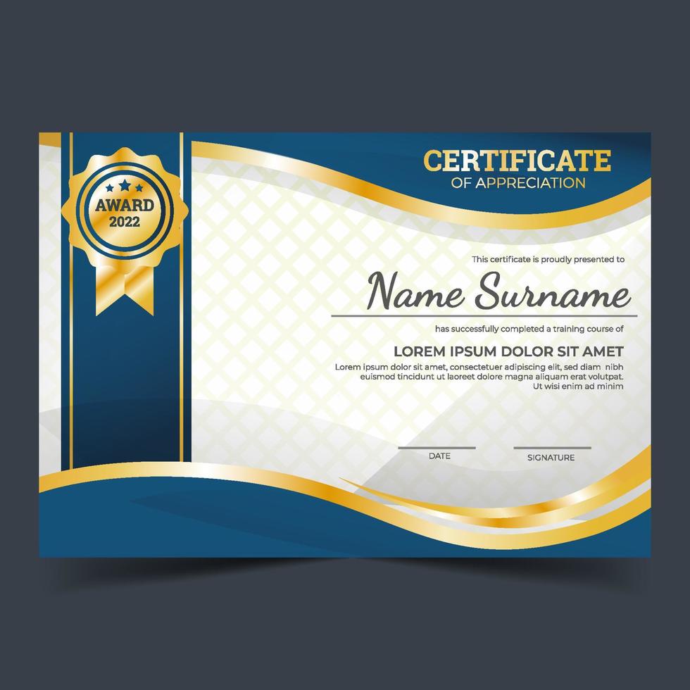 plantilla de certificado con adorno dorado y azul vector