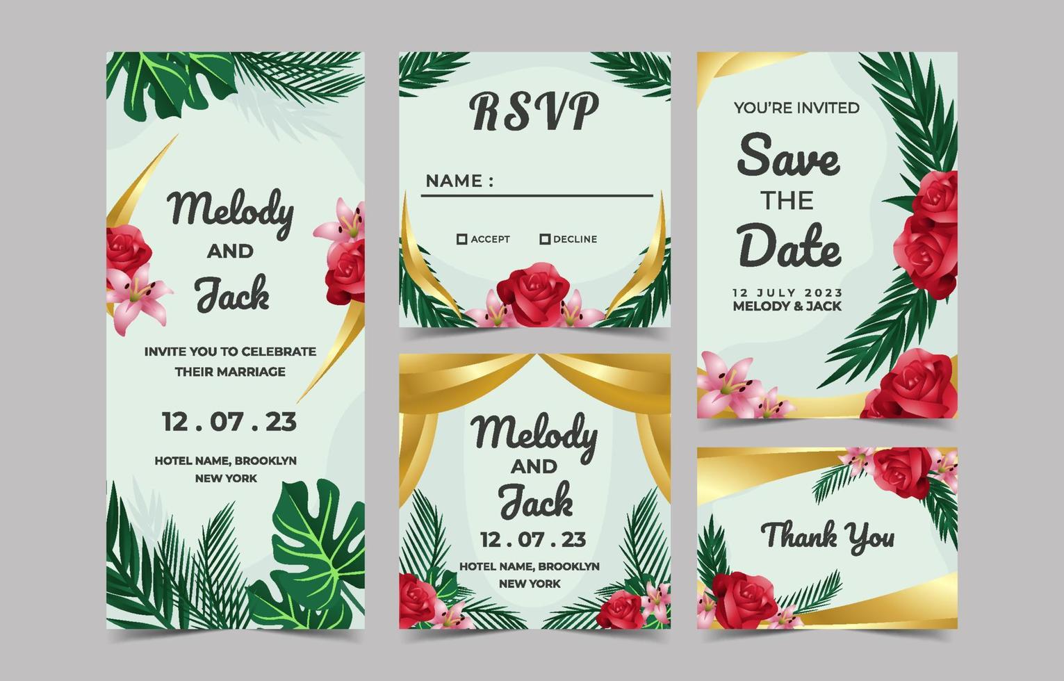 conjunto de invitación de boda con elementos florales y dorados vector