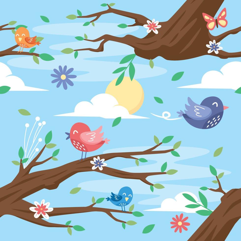 Flat Spring Birds Seamless Background vector