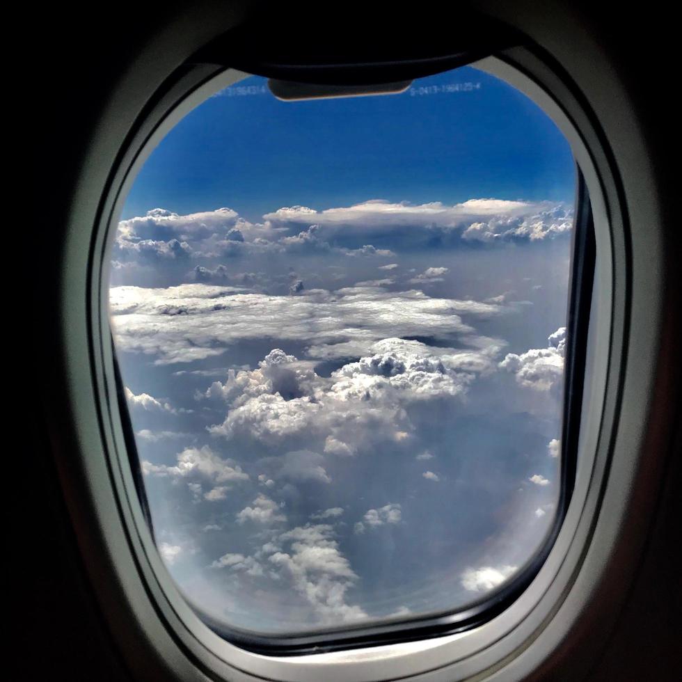 Beautiful view from airplane window, large wing of aircraft shows casement photo