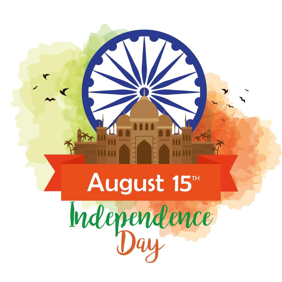 feliz día de la independencia india, celebración el 15 de agosto, con taj mahal y decoración vector