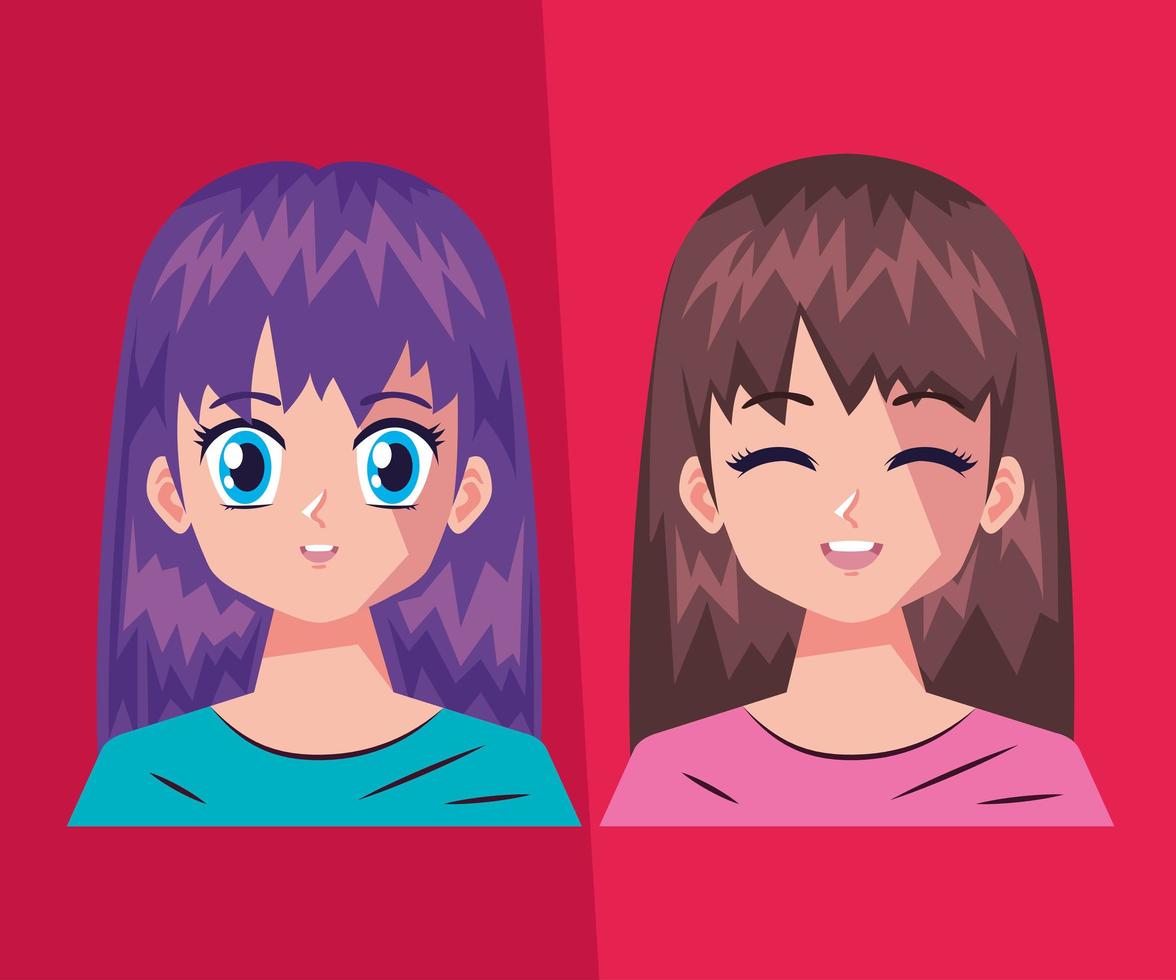 girls anime couple characters vector