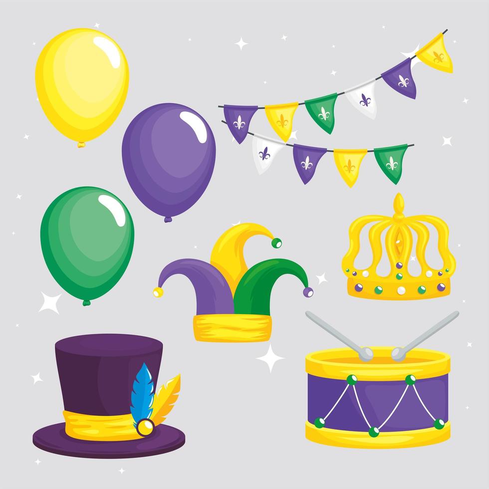 eight happy mardi gras icons vector