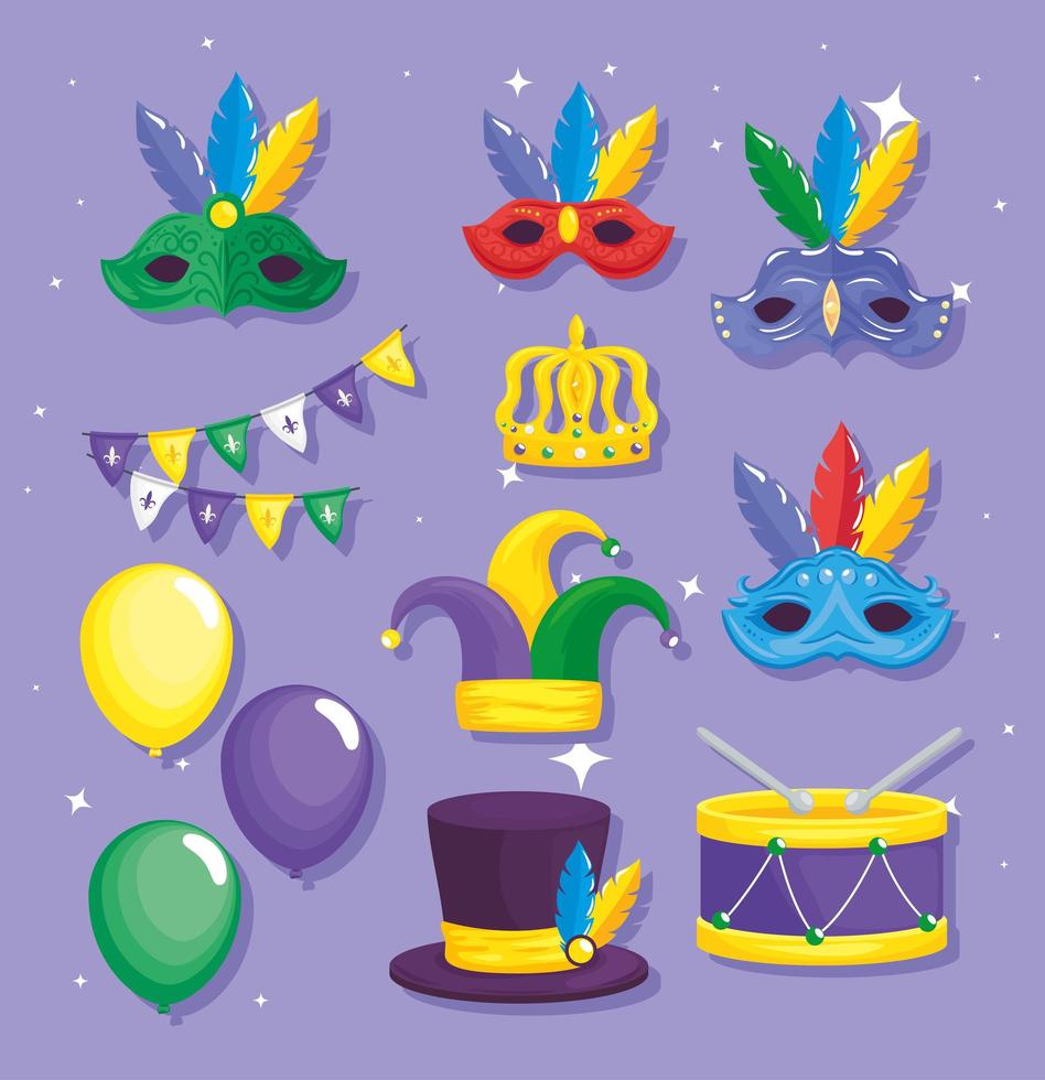 diez iconos felices de mardi gras vector