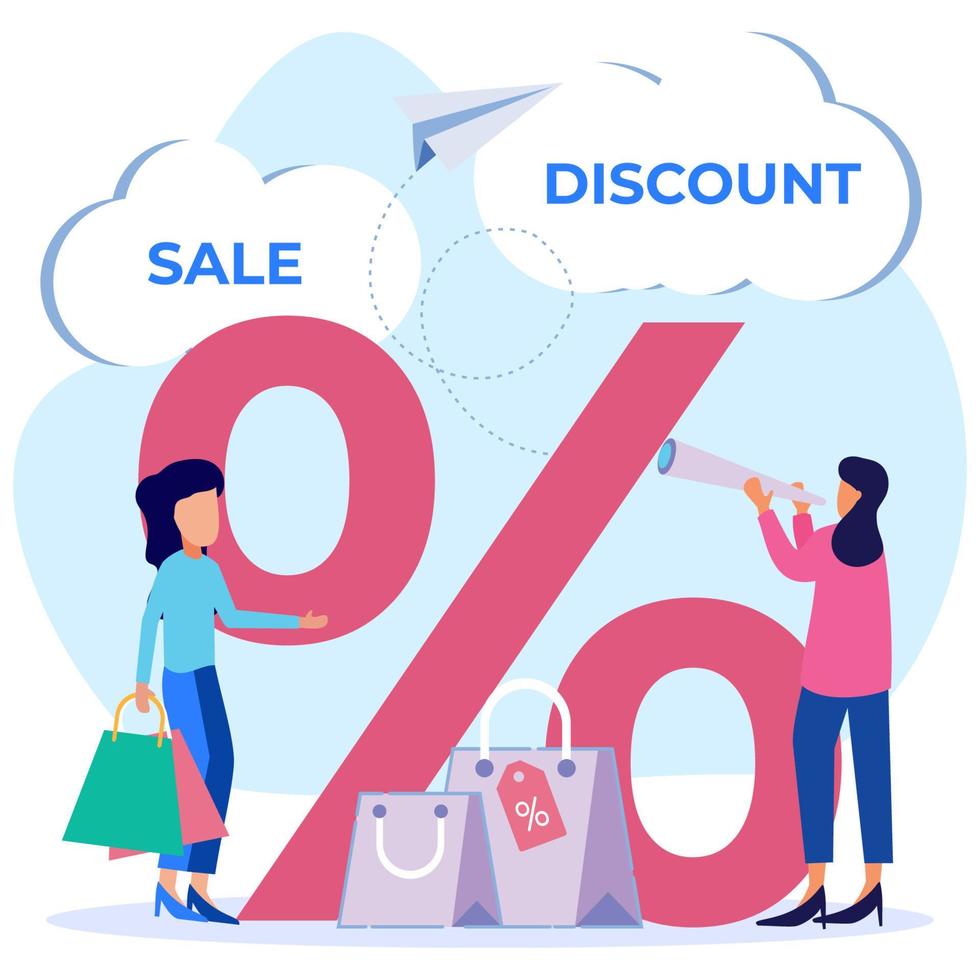 Vector illustration of business concept of discounted sales prices, decreases, shopping, customer increases.