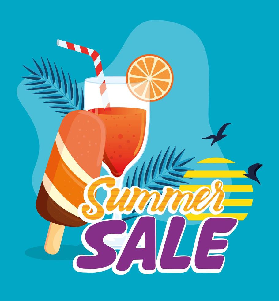 banner de venta de verano, cartel de descuento de temporada con cóctel y helado, invitación para comprar con etiqueta de venta de verano, tarjeta de oferta especial vector