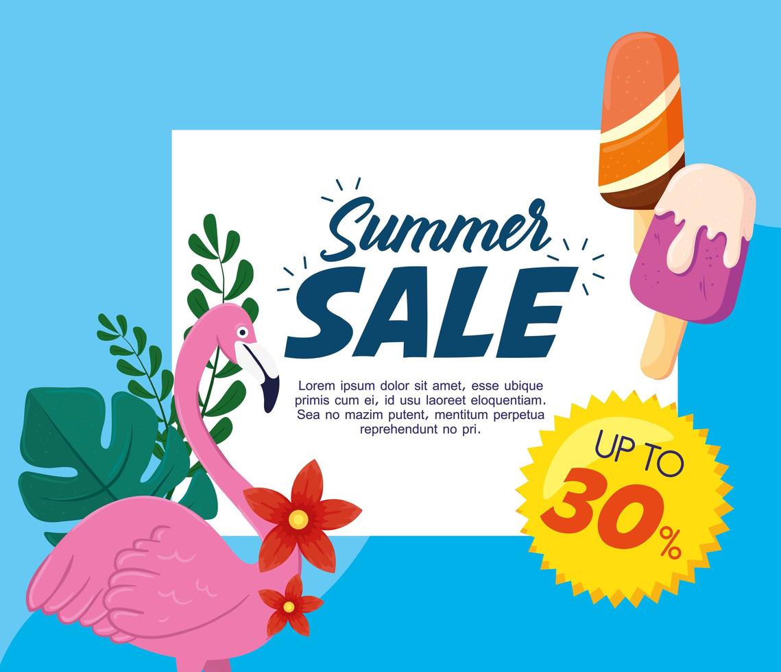 pancarta de venta de verano, afiche de descuento de temporada con flamencos y helados, invitación para comprar con una etiqueta de hasta el treinta por ciento, tarjeta de oferta especial vector