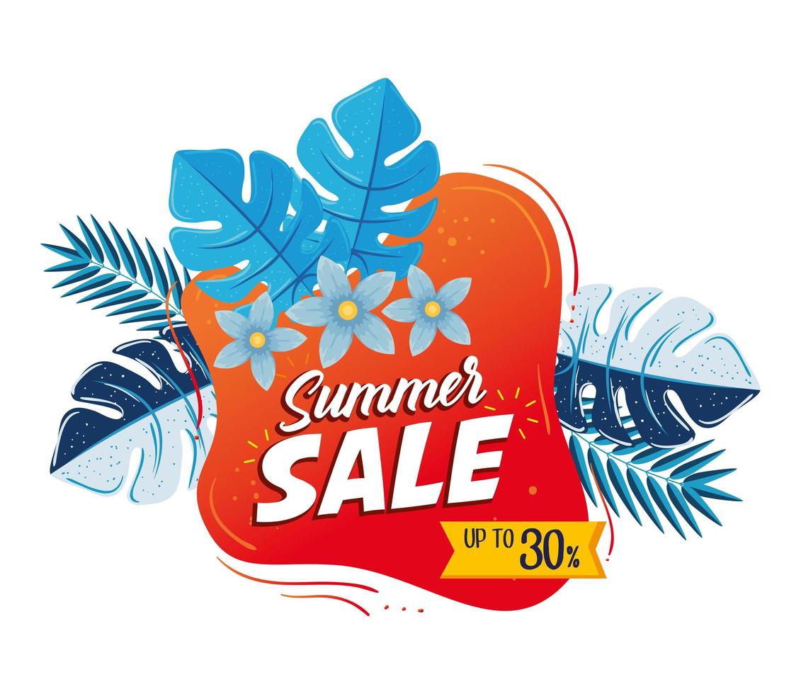 banner de venta de verano, cartel de descuento de temporada con flores y hojas tropicales, invitación para comprar con hasta un treinta por ciento vector