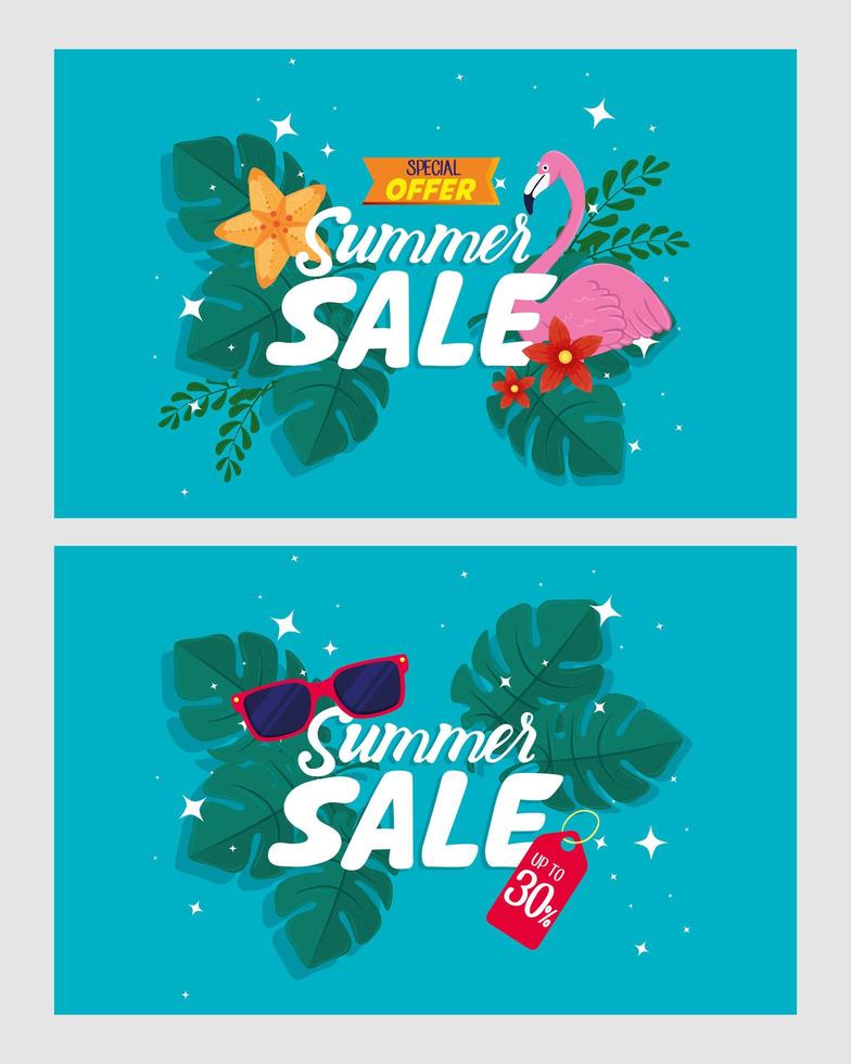 conjunto, pancartas de venta de verano, afiche de descuento de temporada con hojas flamencas, tropicales, gafas de sol, invitación para comprar con etiqueta de venta de verano vector