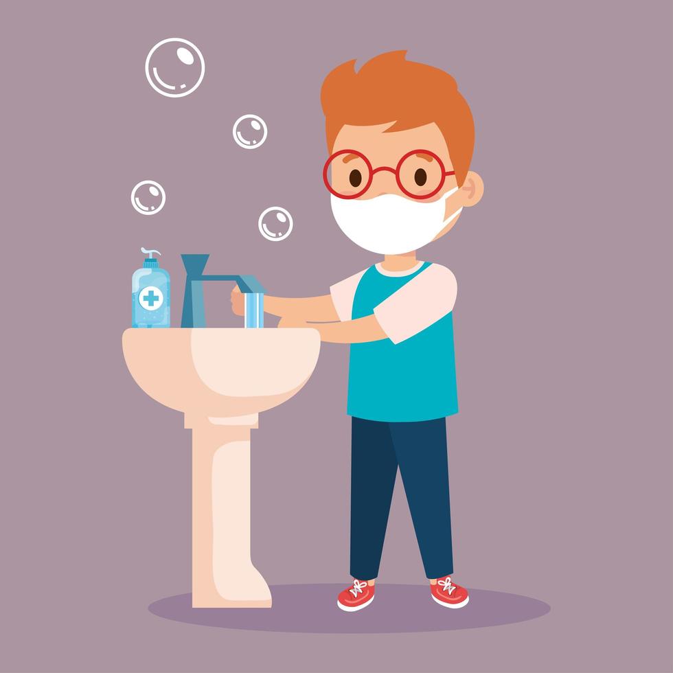 prevent covid 19, wearing medical mask, wash your hands, boy wearing protective mask vector