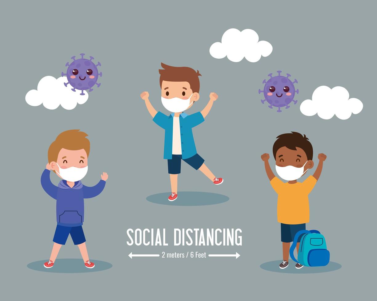 back to school for new normal lifestyle concept, children wearing medical mask and social distancing protect coronavirus covid 19 vector