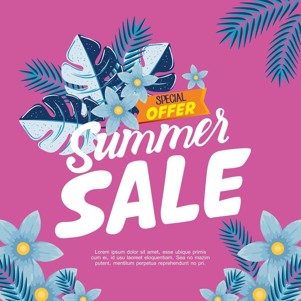 banner de venta de verano, cartel de descuento de temporada con flores y hojas tropicales, invitación para comprar con etiqueta de oferta especial de venta de verano vector