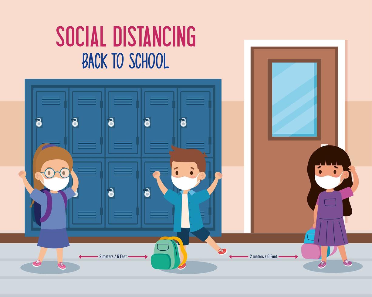 back to school for new normal lifestyle concept, children wearing medical mask and social distancing protect coronavirus covid 19, in school vector