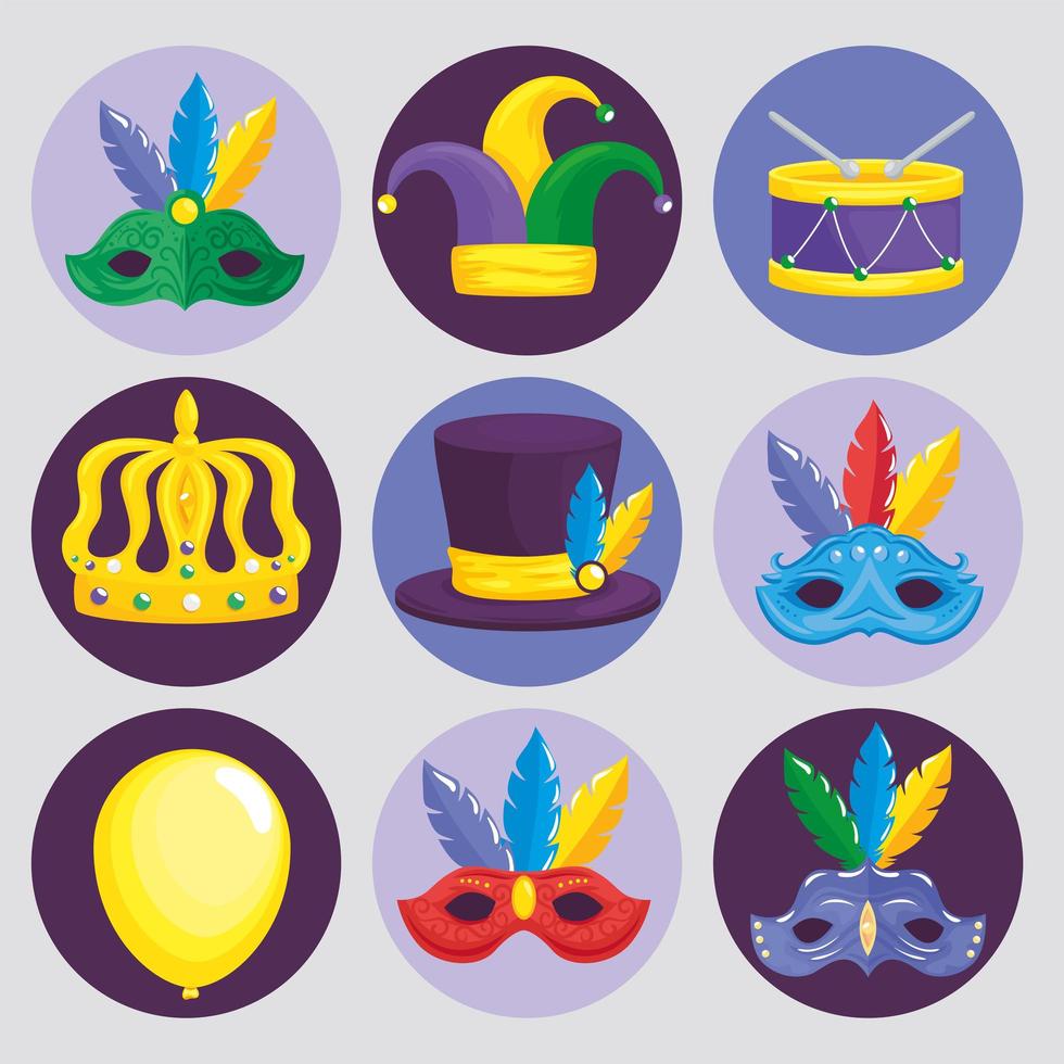 nueve iconos felices de mardi gras vector