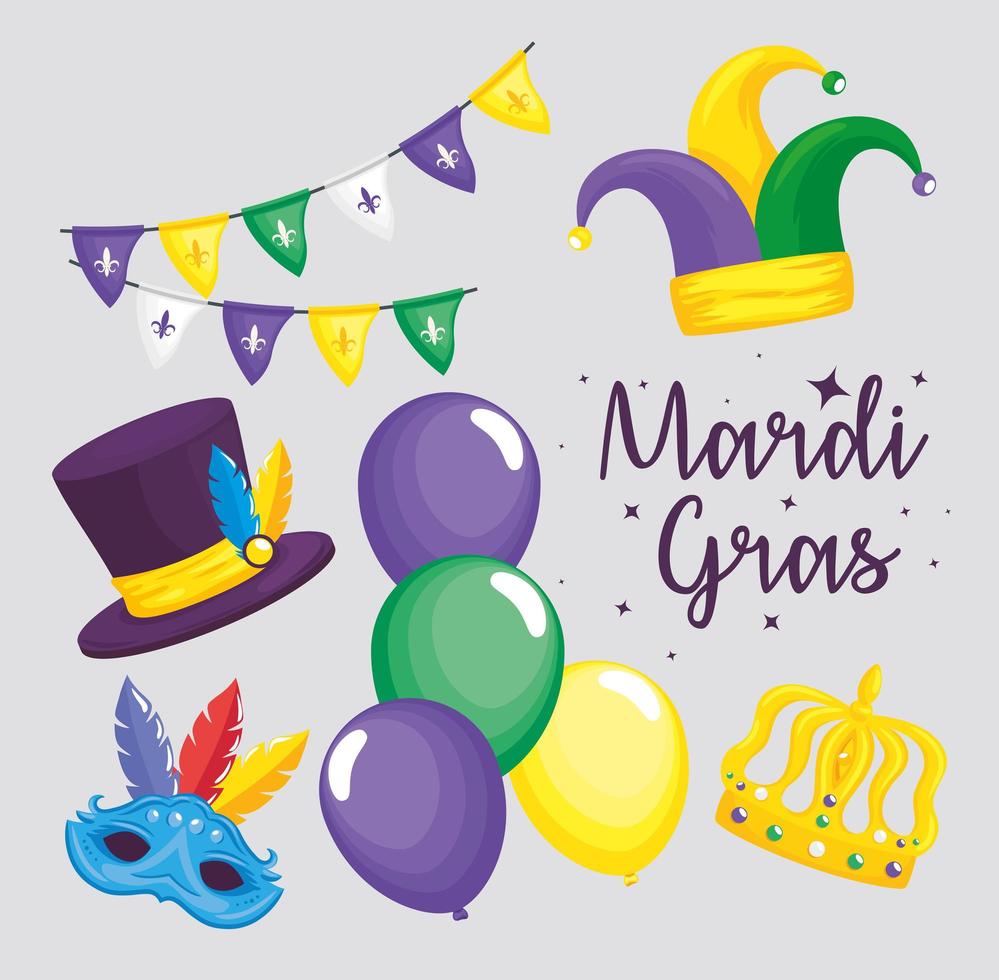 seis iconos felices de mardi gras vector