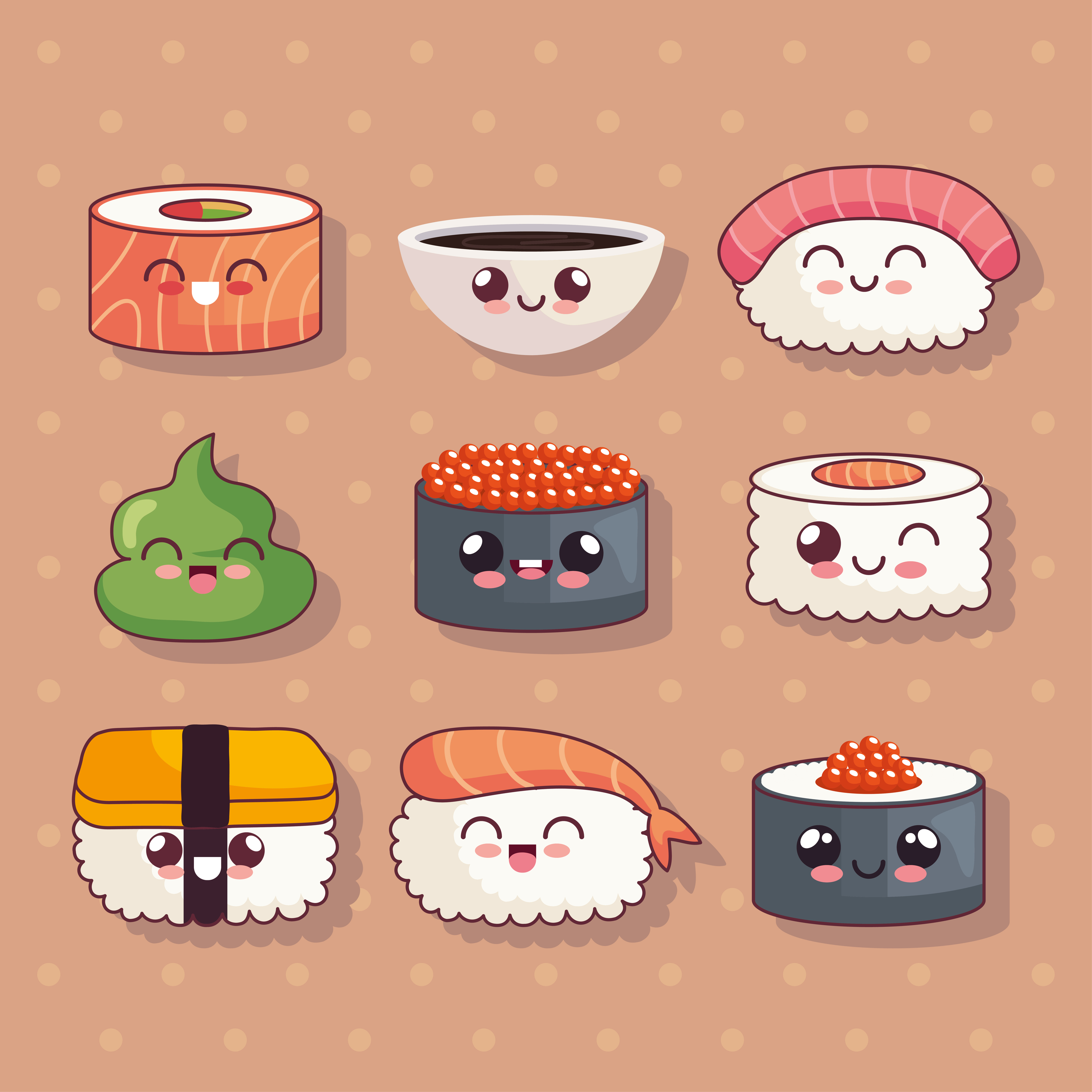 nine cute sushi kawaii icons 5374472 Vector Art at Vecteezy