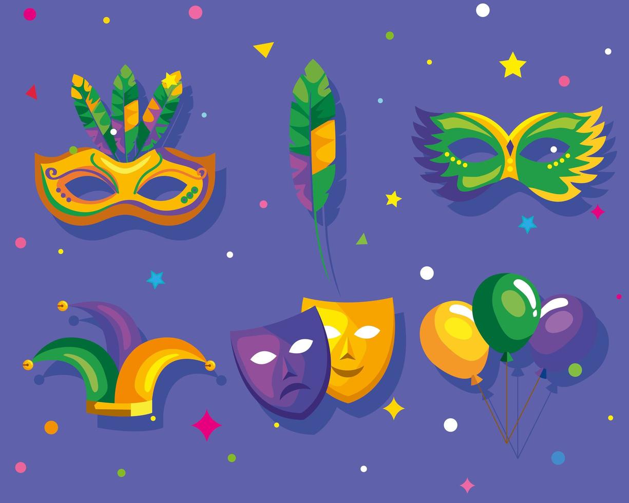 six mardi gras icons vector