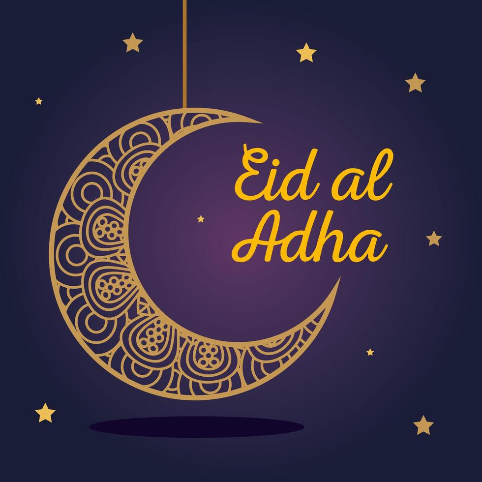 eid al adha mubarak, happy sacrifice feast, with moon hanging vector