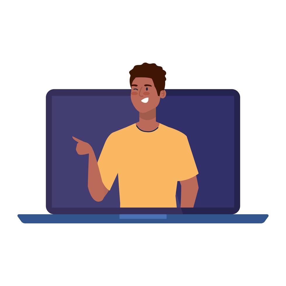 online party, man afro have online party in quarantine, party web camera online holiday in laptop vector