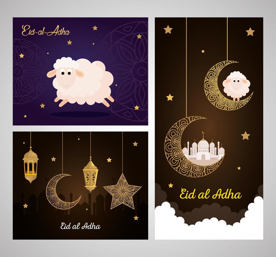cards, eid al adha mubarak, happy sacrifice feast, with decoration vector