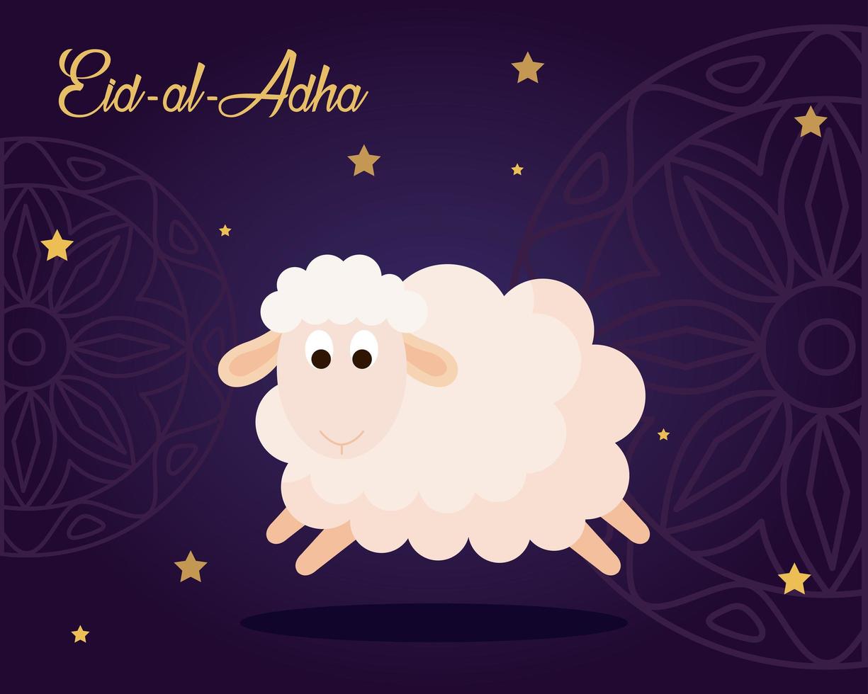 eid al adha mubarak, happy sacrifice feast, with sheep and stars decoration vector