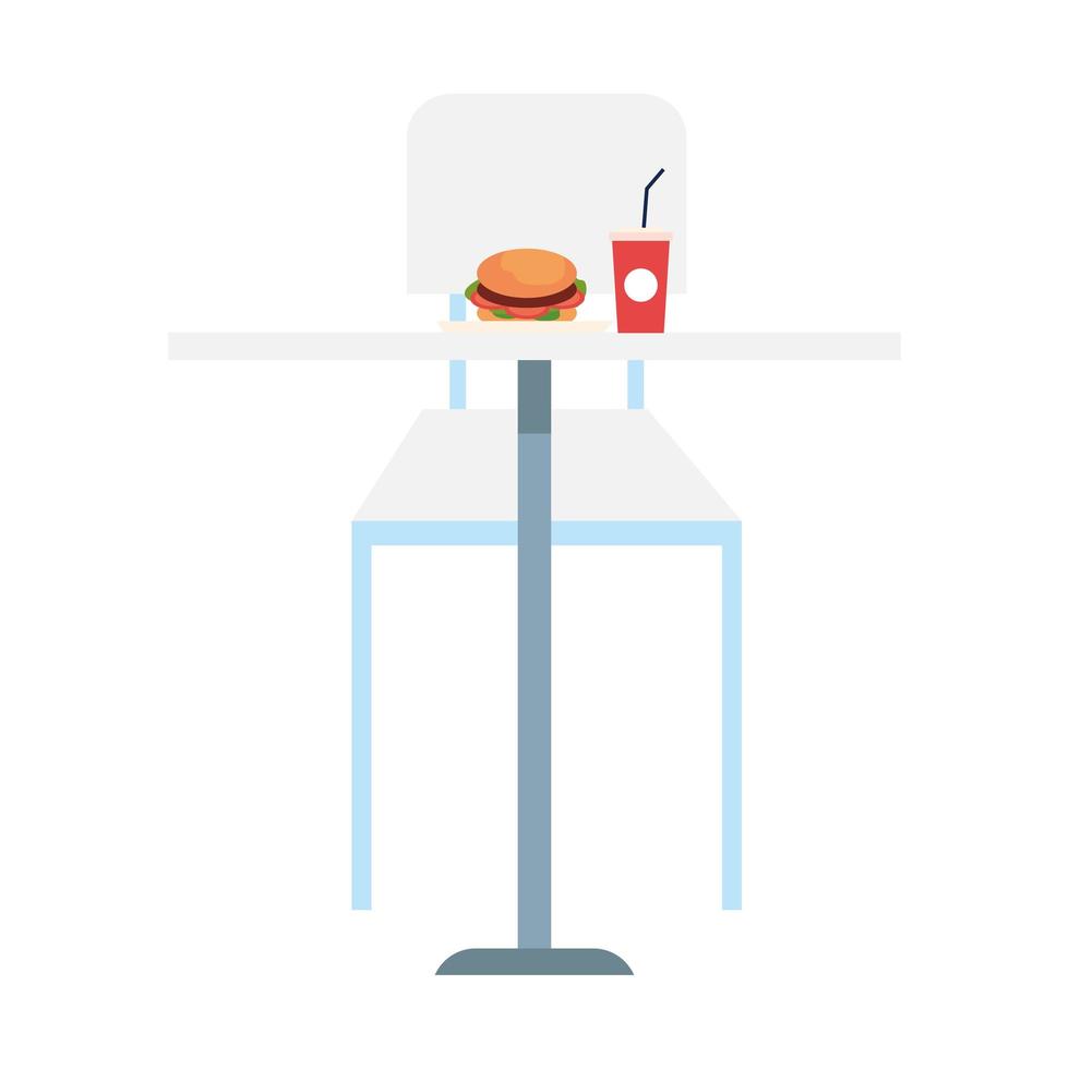 hamburger with beverage in table, with chair furniture, on white background vector