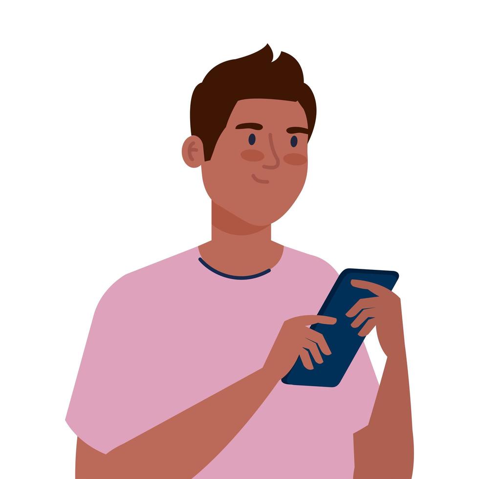 joven afro usando un teléfono inteligente con fondo blanco vector