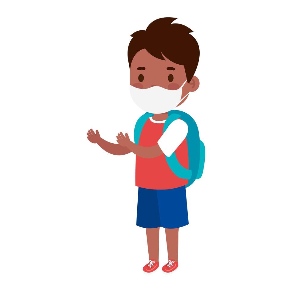 cute student boy afro wearing medical mask to prevent coronavirus covid 19 with school bag vector