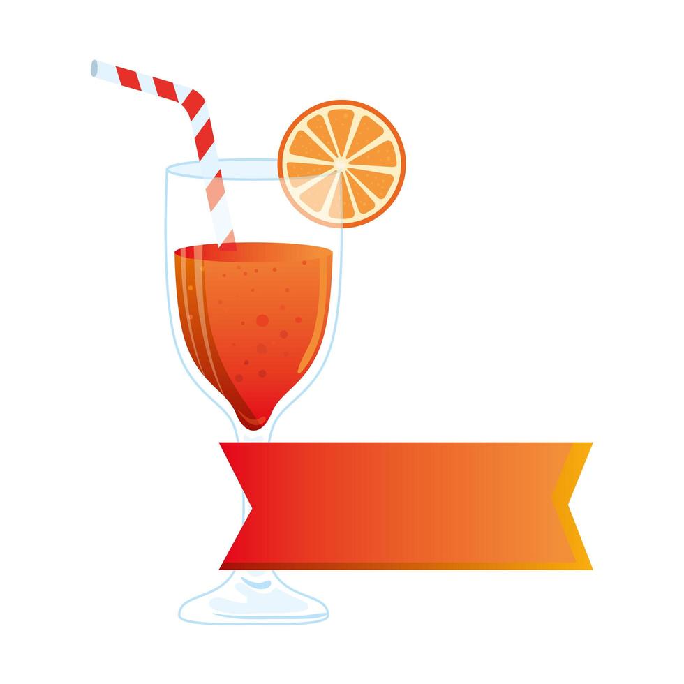 copa de cóctel, cóctel refrescante con rodaja de naranja y etiqueta vector