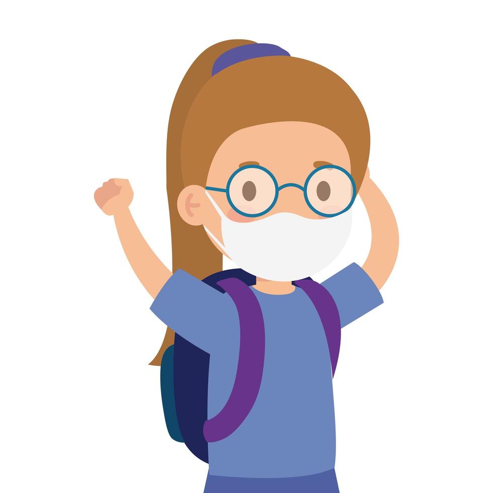 cute girl student wearing medical mask to prevent coronavirus covid 19 with school bag vector