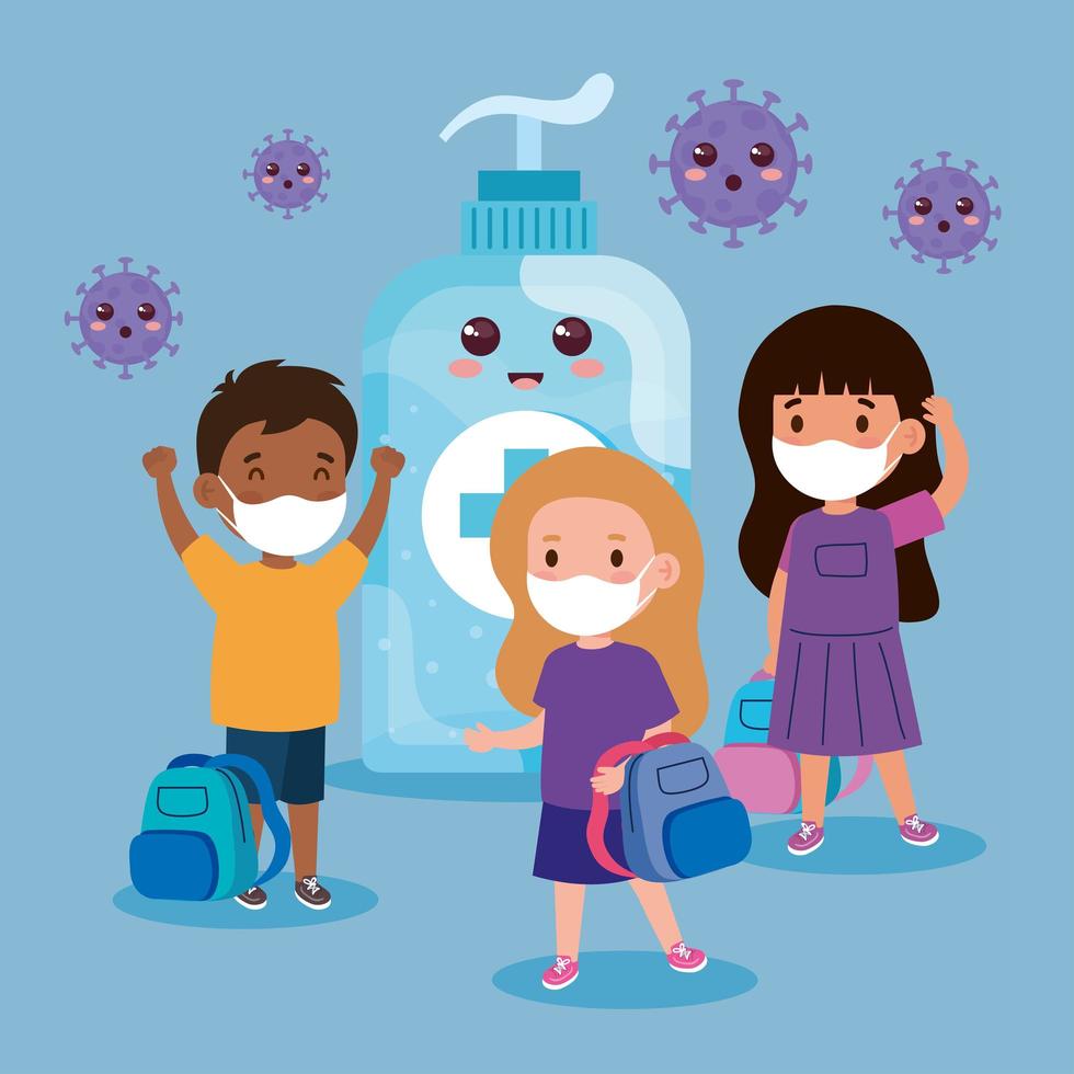 cute children wearing medical mask to prevent coronavirus covid 19 with cute bottle disinfection kawaii style vector