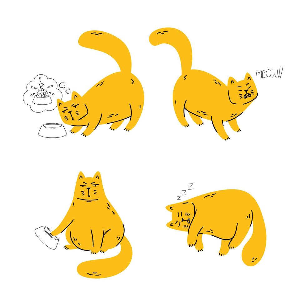 gato descontento se pregunta dónde está su comida, maúlla, exige su comida, duerme. conjunto de ilustración de vector de mascota aislado sobre fondo blanco. estilo de garabato de dibujos animados simple. divertido animal doméstico gordito.