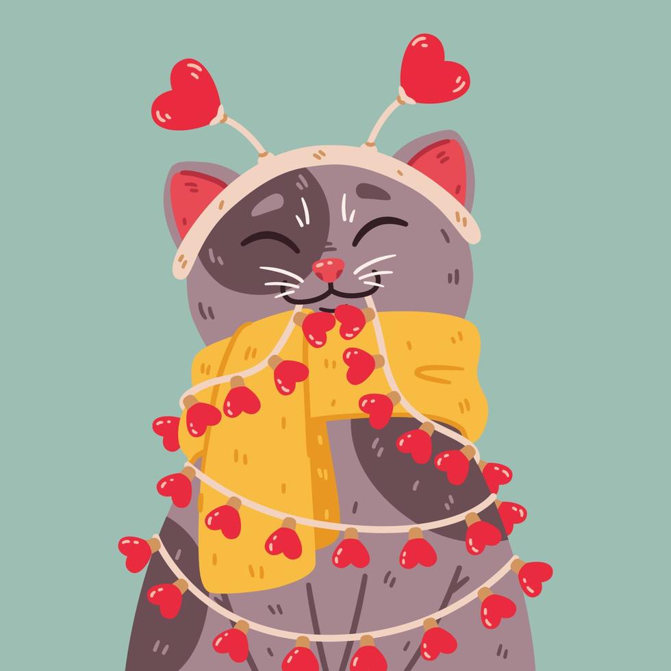 gato con corazones de diadema, bufanda cálida, guirnalda de bombillas. San Valentín día 14 de febrero tarjeta de felicitación. linda ilustración vectorial aislada en el fondo. cartel romántico con gatito doméstico. vector