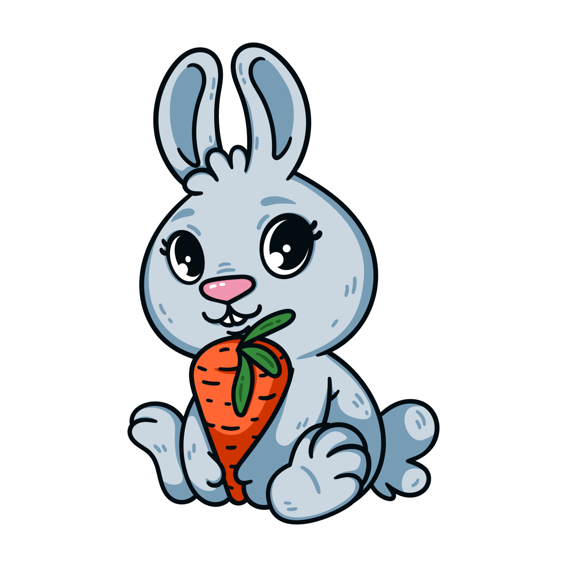 Cute little easter bunny with carrot. Rabbit the symbol of 2023 chinese new year. Hare with big eyes and vegetable. Farm animal vector illustration isolated white background. Domestic pet cartoon art. 5374800 Cute little easter bunny with carrot. Rabbit the symbol of 2023 chinese new year. Hare with big eyes and vegetable. Farm animal vector illustration isolated white background. Domestic pet cartoon art. 5374800